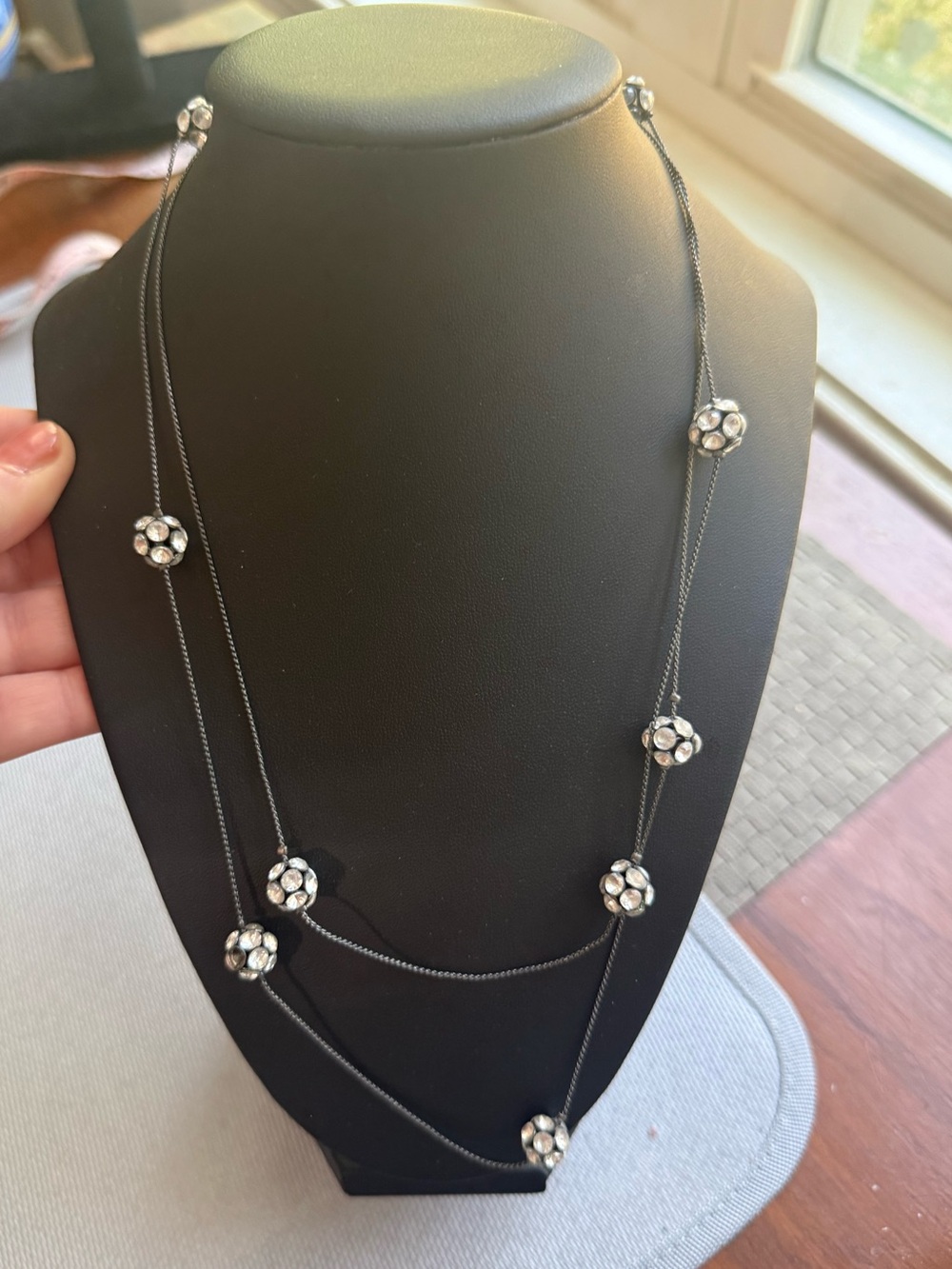 Gun metal Black Beaded Necklace with Silver crystal ball round Accents